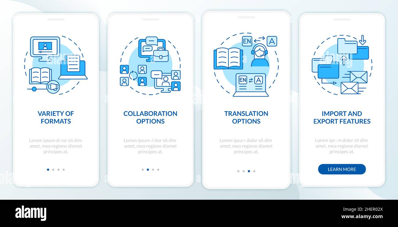 Elearning platforms features blue onboarding mobile app screen Stock ...