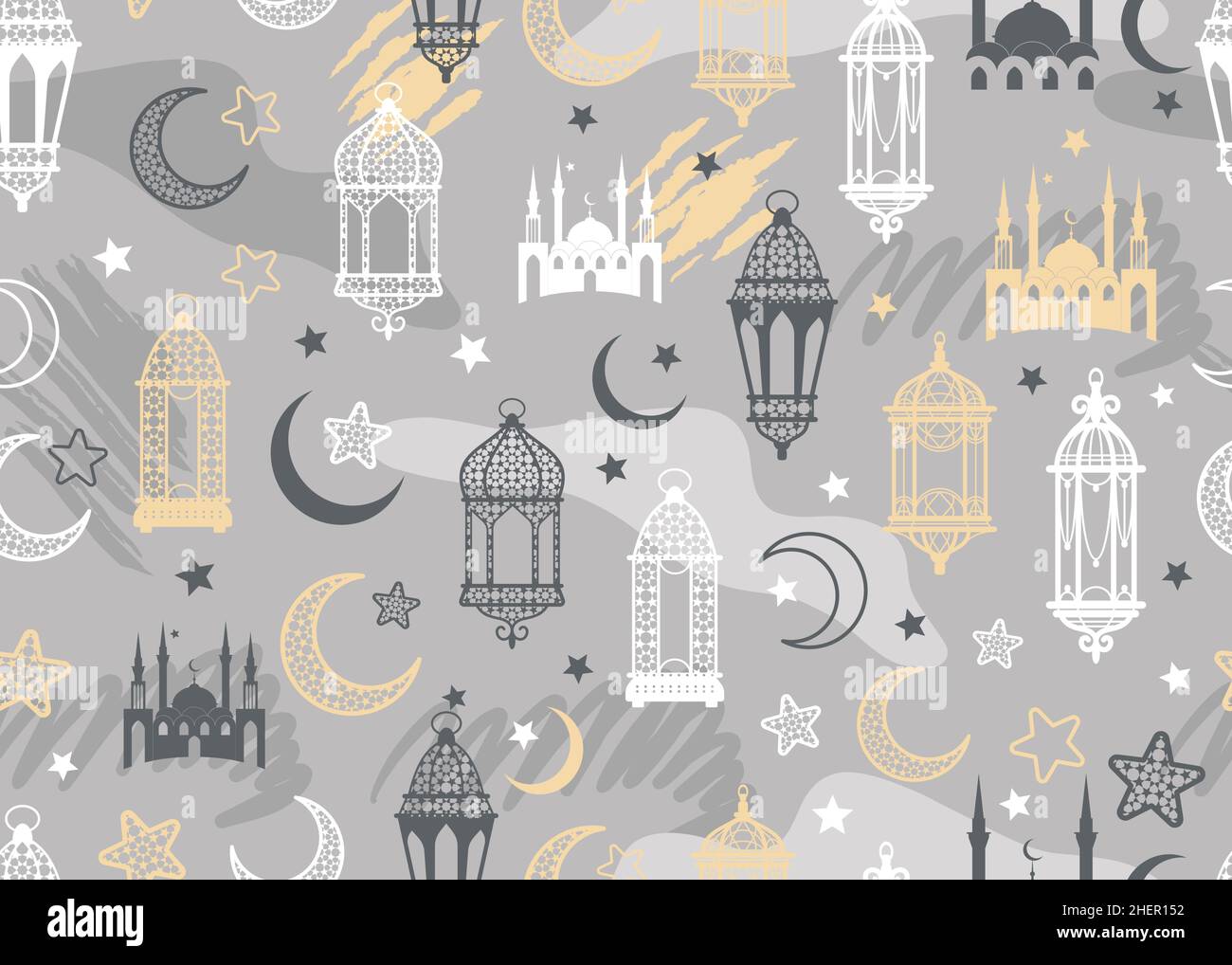 Arabic lantern and moon, stars seamless pattern on grey scribble background. Stock Vector