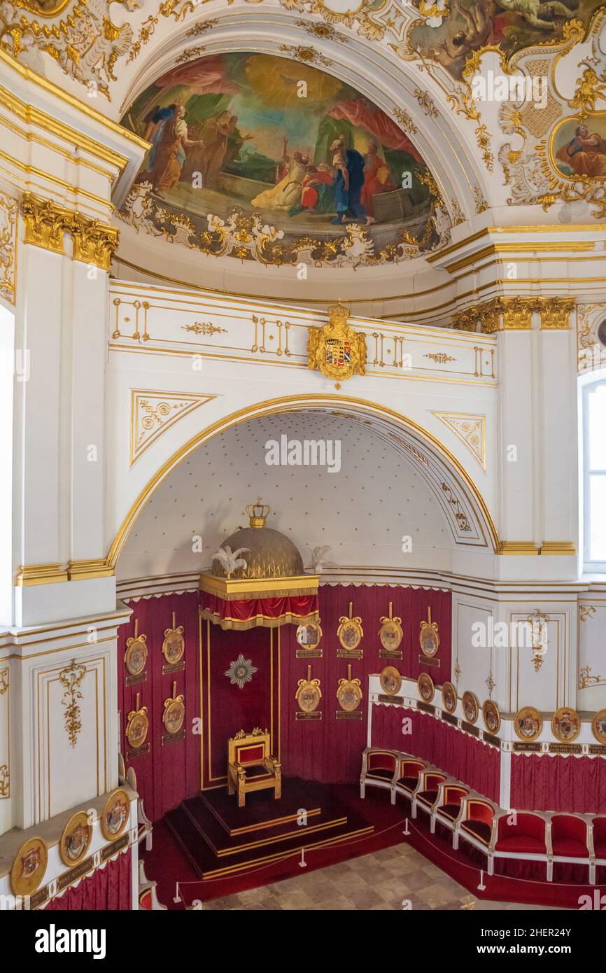 Great view of King Frederick I's canopied throne under a star-studded semidome in the Ordenskapelle inside the famous Ludwigsburg Residential Palace... Stock Photo