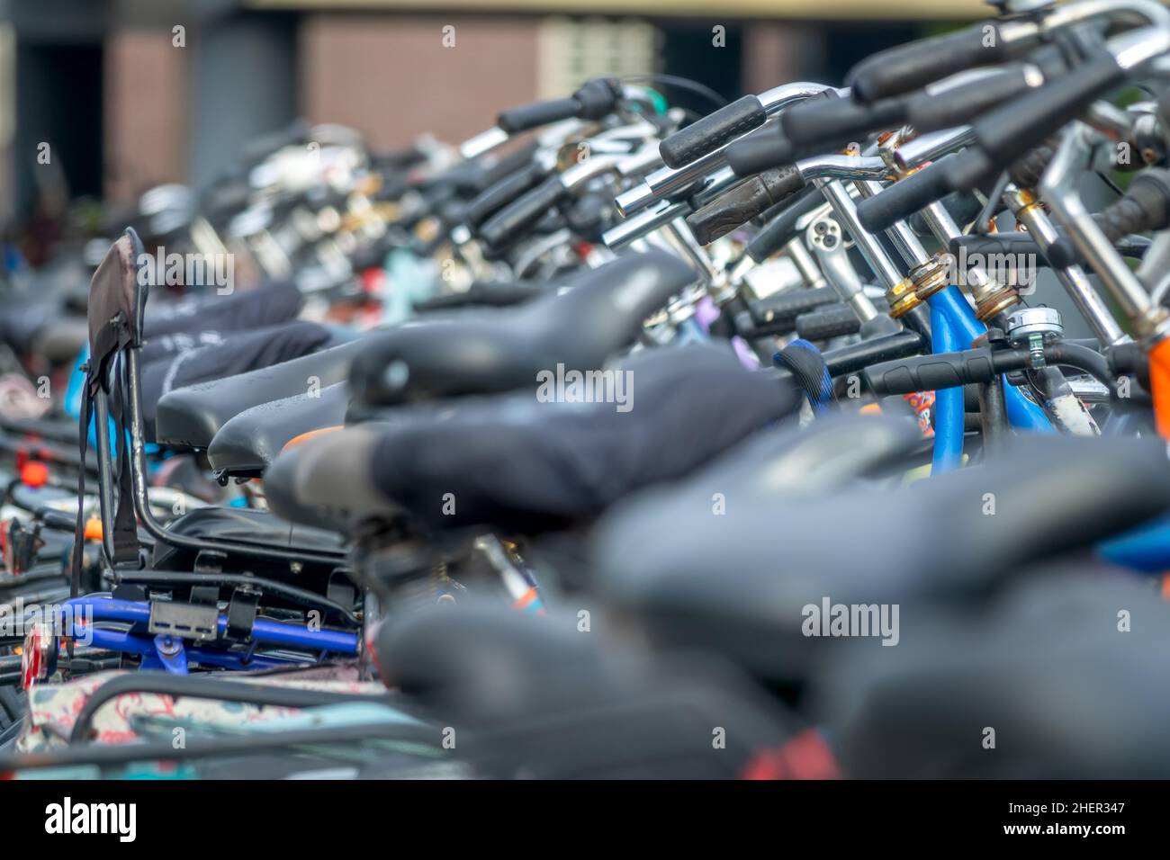 Netherlands. Sunny day in the bicycle parking of Amsterdam. New and old bicycles in defocus Stock Photo