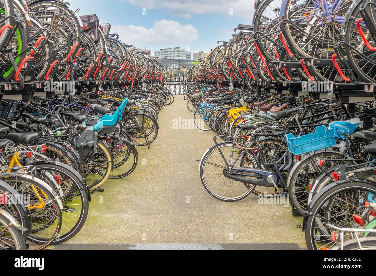 Netherlands. Warm day in Amsterdam. Big twolevels bicycle parking near