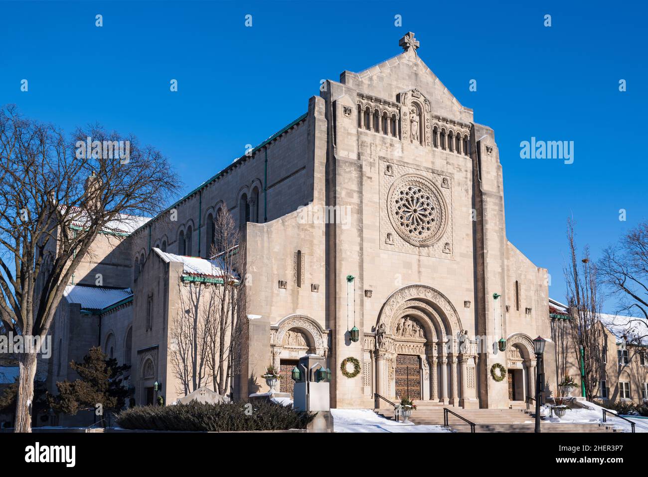 landmark romanesque style church corner and entrance in st paul minnesota Stock Photo