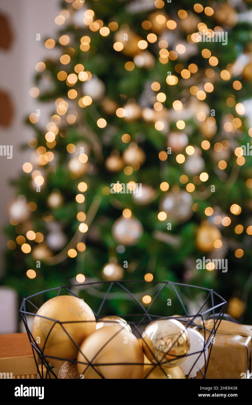 Traditional Christmas decorations. Christmas tree.  Stock Photo