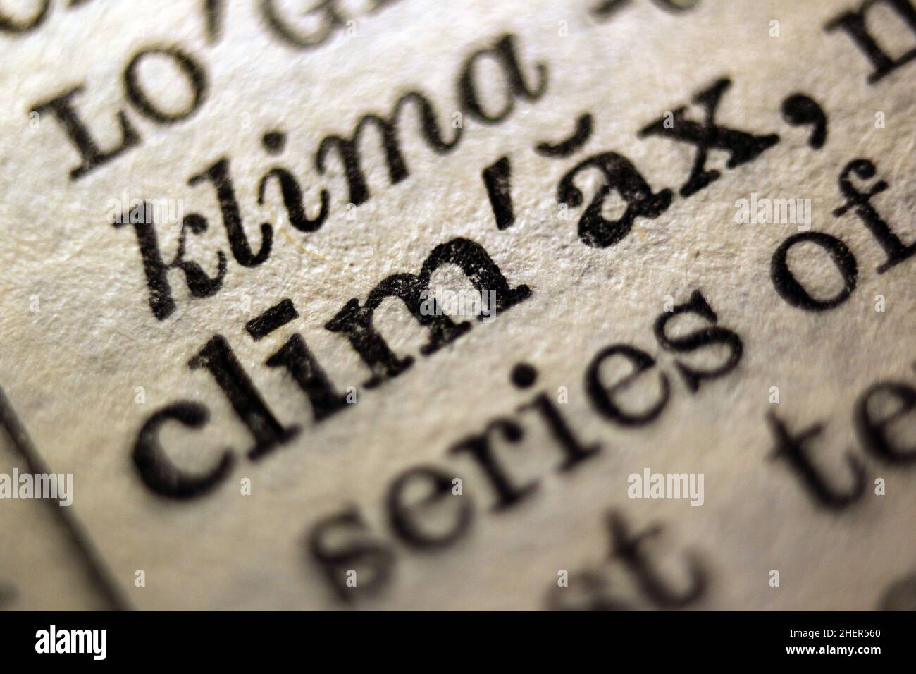 Word 'climax' printed on dictionary page, macro close-up Stock Photo