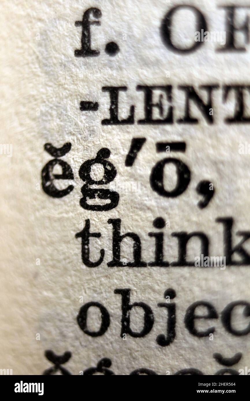 Word 'ego' printed on dictionary page, macro close-up Stock Photo