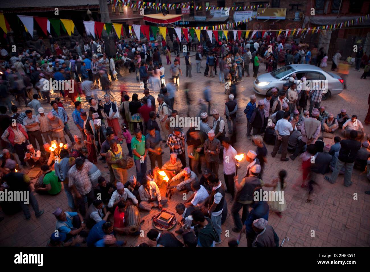 Street scene during Bisket Jatra (Nepali New Year festival) in the UNESCO World Heritage city of Bhaktapur, Nepal. Stock Photo