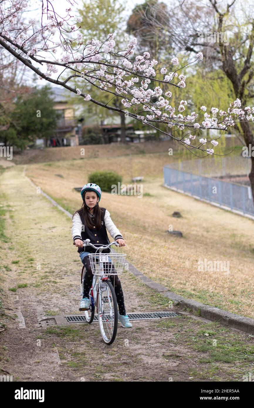 Preteen girl on a bicycle, standing under a blooming branch of sakura cherry blossom tree with a sad face. Springtime. Stock Photo