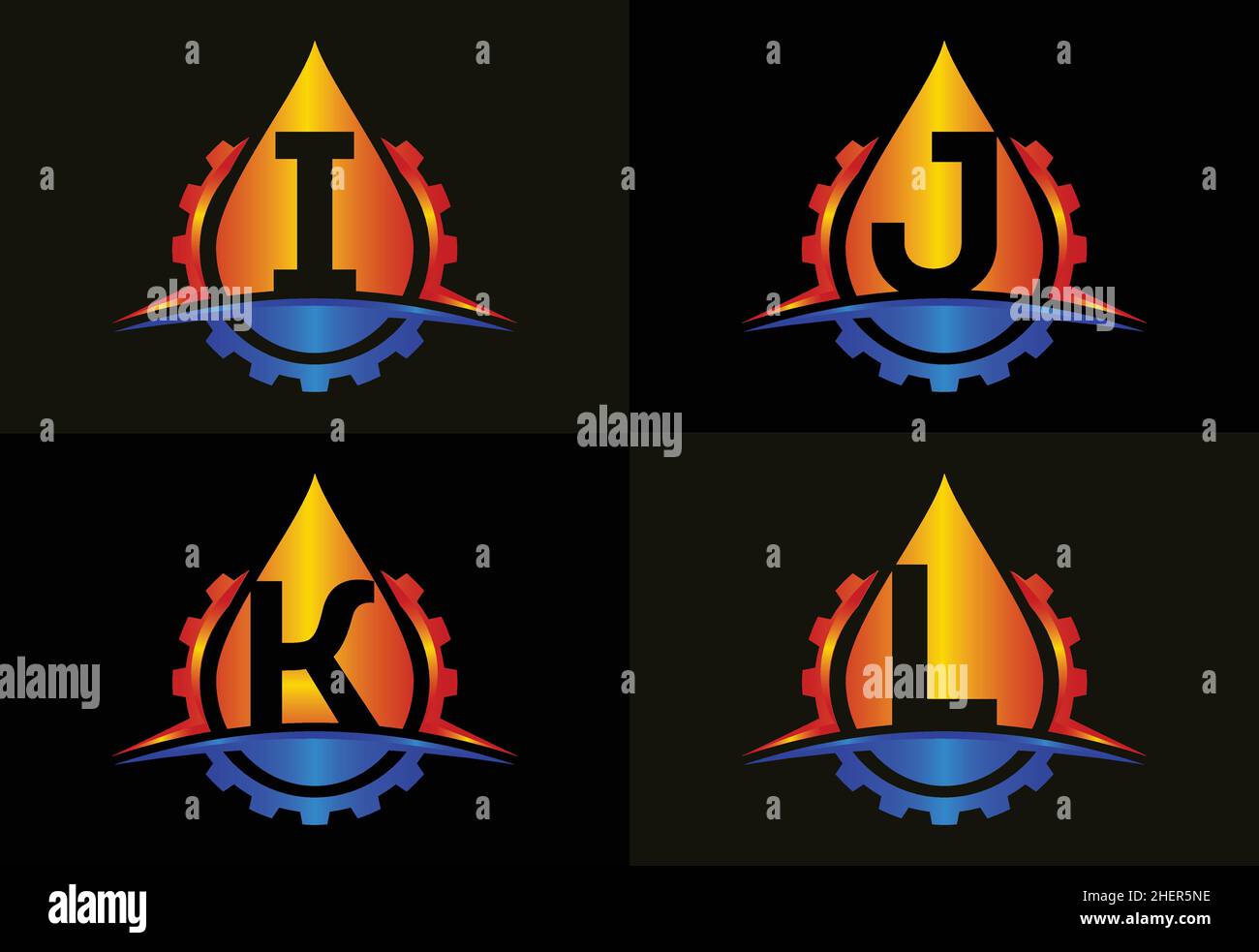 Initial I J K L monogram alphabet with gear swoosh and oil. Oil and gas logo concept. Font emblem Stock Vector