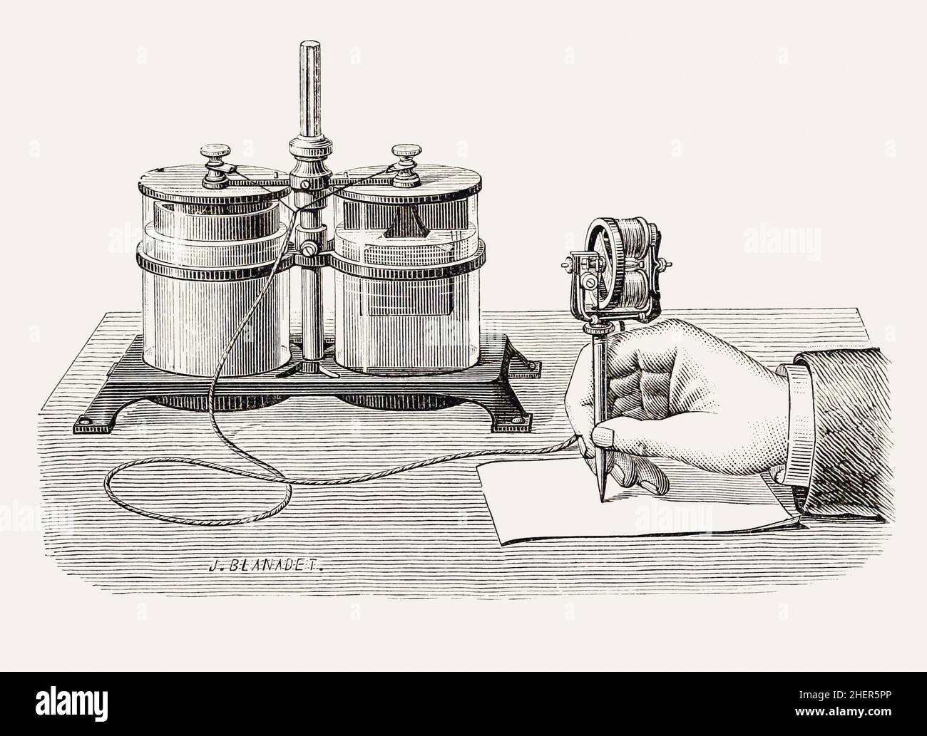 Thomas Edison's electric pen with its wet cell battery. The pen was  designed to duplicate documents and went on sale in late 1875 but because  of the high maintenance battery its commerical