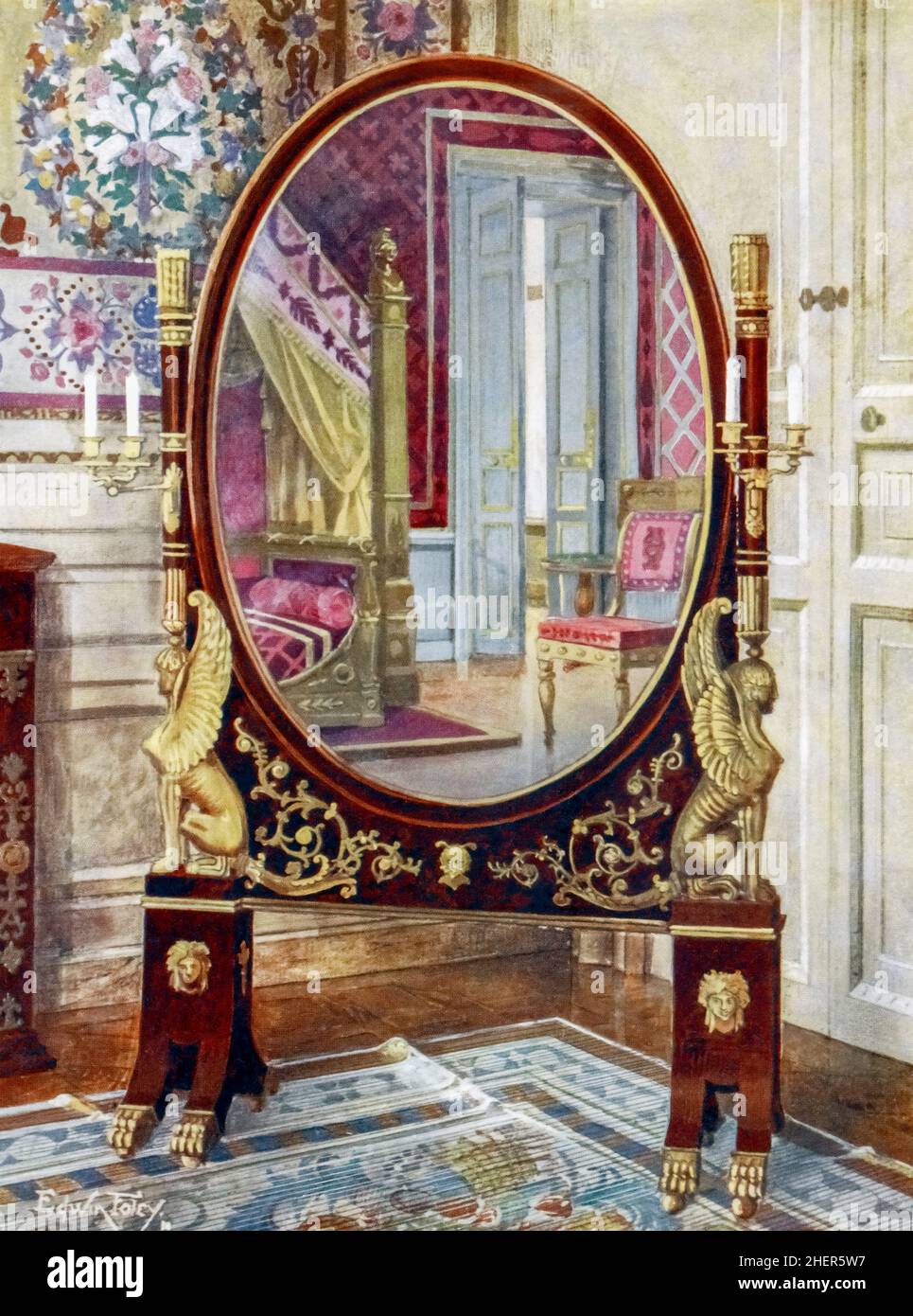 Psyche and bed of Napoleon the First in the Chateau de Compiegne, France, in the style of the First Empire.  From The Book of Decorative Furniture: Its Form, Colour, & History, Volume One, by Edwin Foley, publiished London 1910.  A psyche is the dressing mirror as seen in the picture. Stock Photo