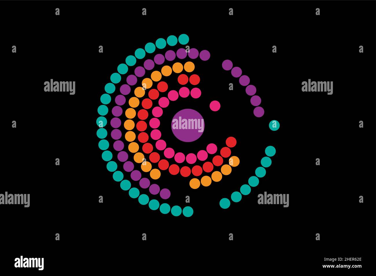 spinning circles vector logo. Abstract colorful dotted circles swirl image logo. Concept letter C, business, sport. Halftone dots  Round labyrinth Stock Vector