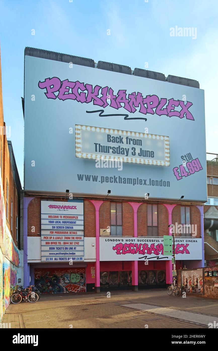 Peckham's famous multiplex cinema the Peckhamplex. Main entrance on Rye Lane. London, UK. Featured in the 2023 film Rye Lane. Stock Photo