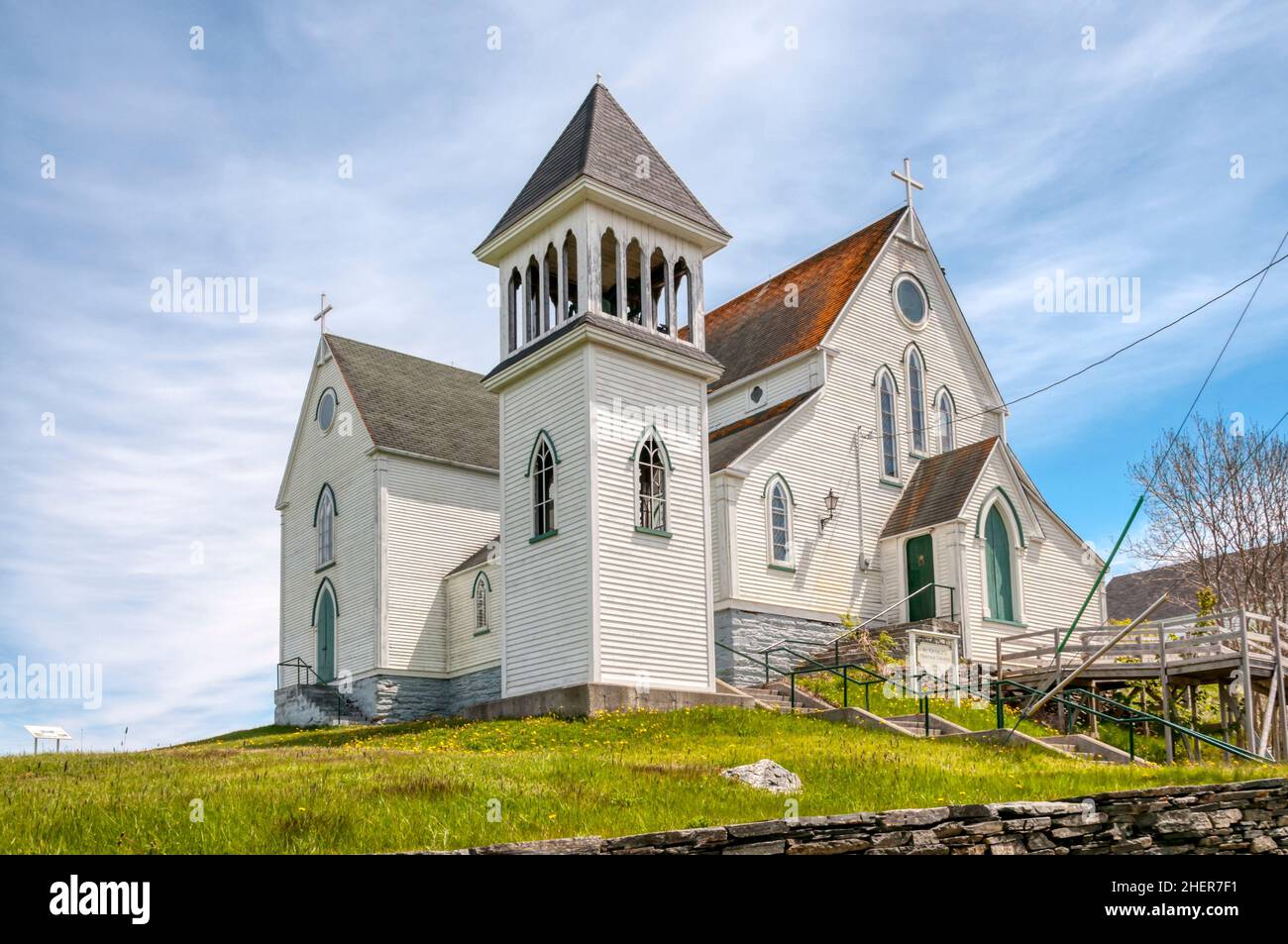 St. George's Heritage Church Museum, formerly St. George's Anglican Church, in Brigus, Newfoundland.  With free-standing bell tower. Stock Photo