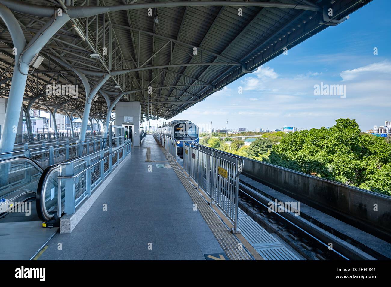 Bangkok, Thailand - January 2022: The Airport Rail Link train line in Bangkok, Thailand. The line provides airport rail link from Bangkok to airport Stock Photo
