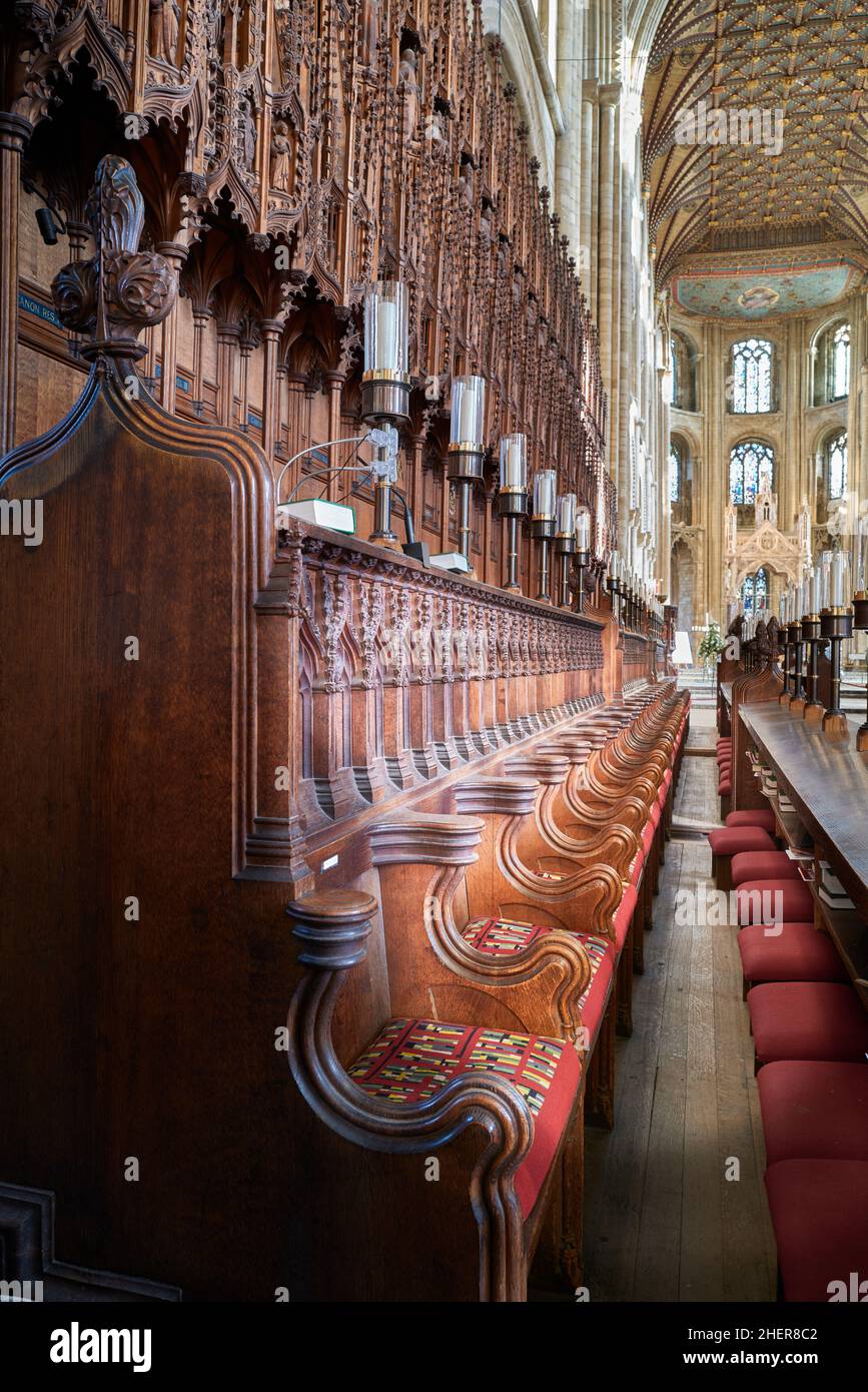 Wooden benches in the choir of the medieval cathedral at Peterborough