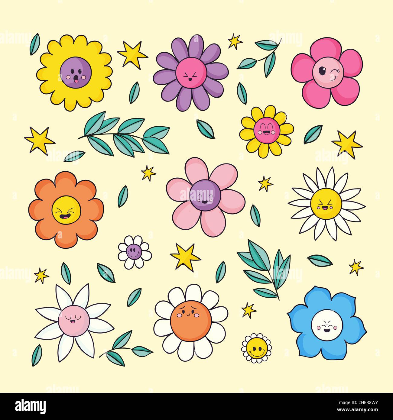 Hand drawn flat design smiley face flower Vector illustration Stock