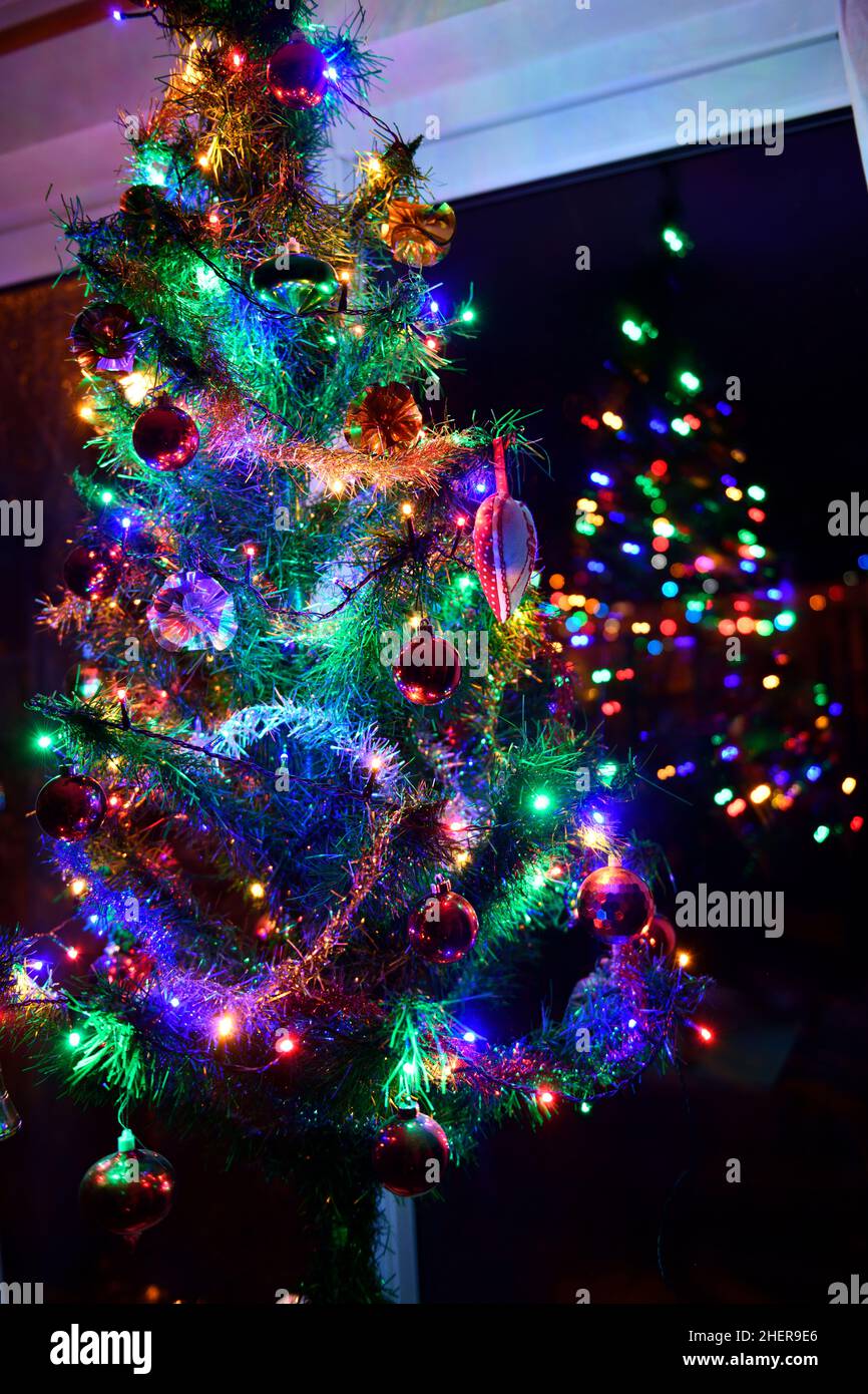 Christmas Tree with Decorations reflected in glass window 2022