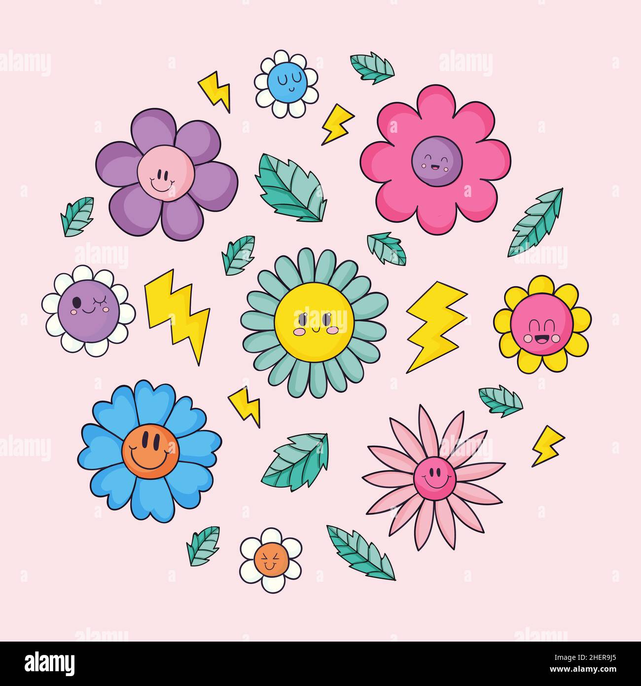 Hand drawn flat design smiley face flower Vector illustration Stock