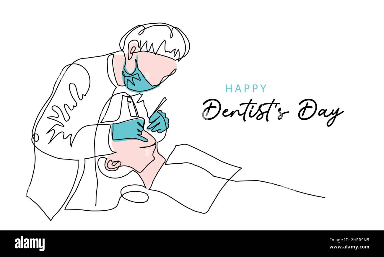 Dentists day simple vector illustration with doctor and patient. One continuous line art drawing background, banner, poster for dentists day Stock Vector