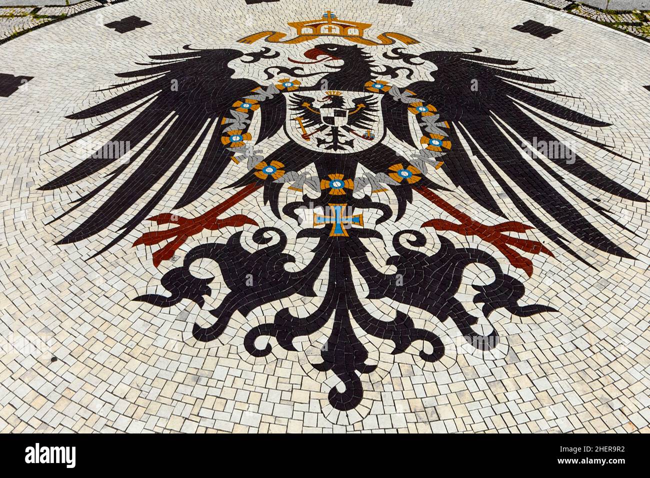 Mosaic depicting the Reichsadler (Imperial Eagle) in front of Neues Rathaus (New City Hall) at Schlossplatz in Wiesbaden, Germany Stock Photo