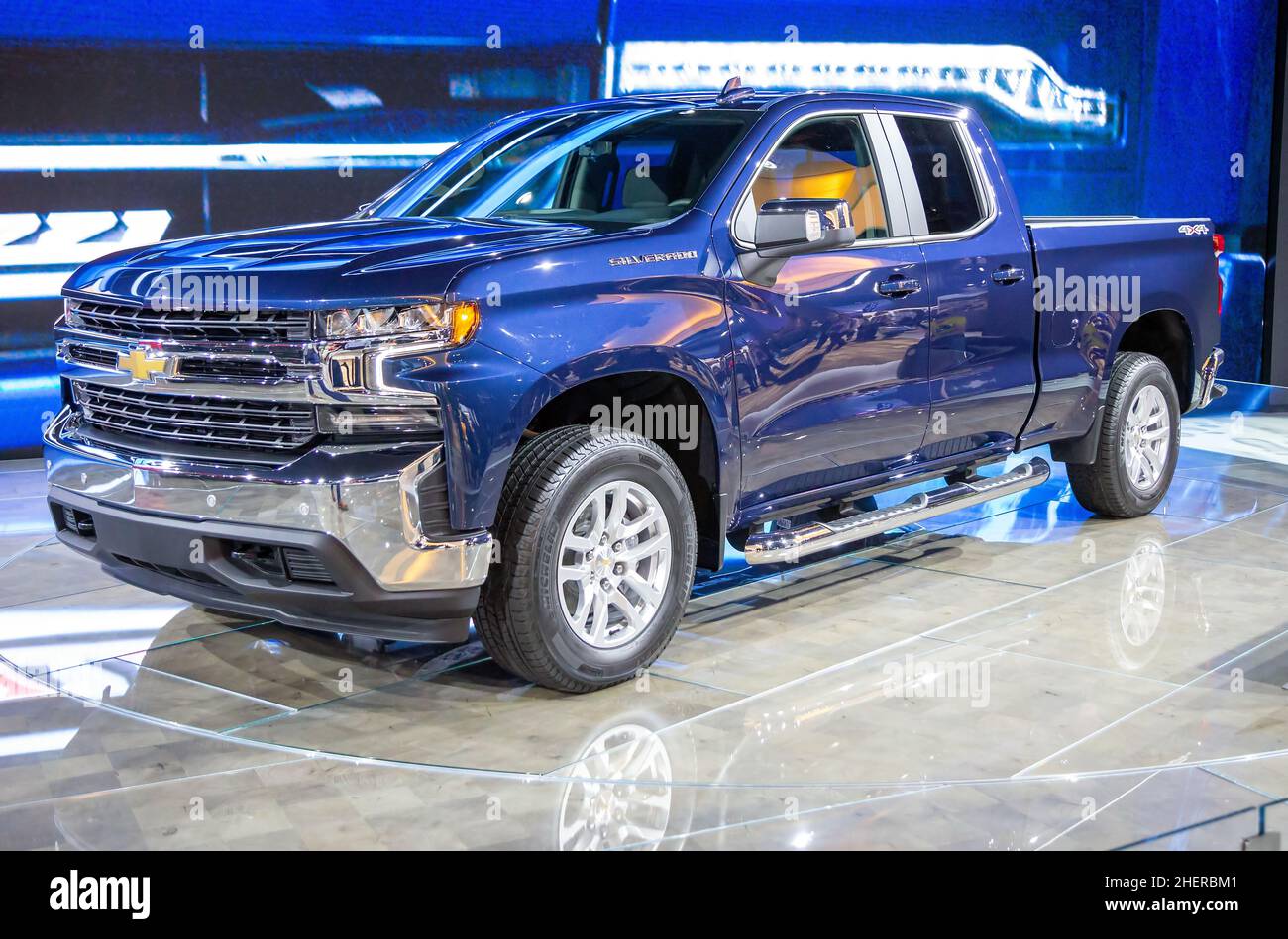 A Chevrolet Silverado pickup truck on display at the 2018 North American International Auto Show in Detroit, Michigan, USA. Stock Photo