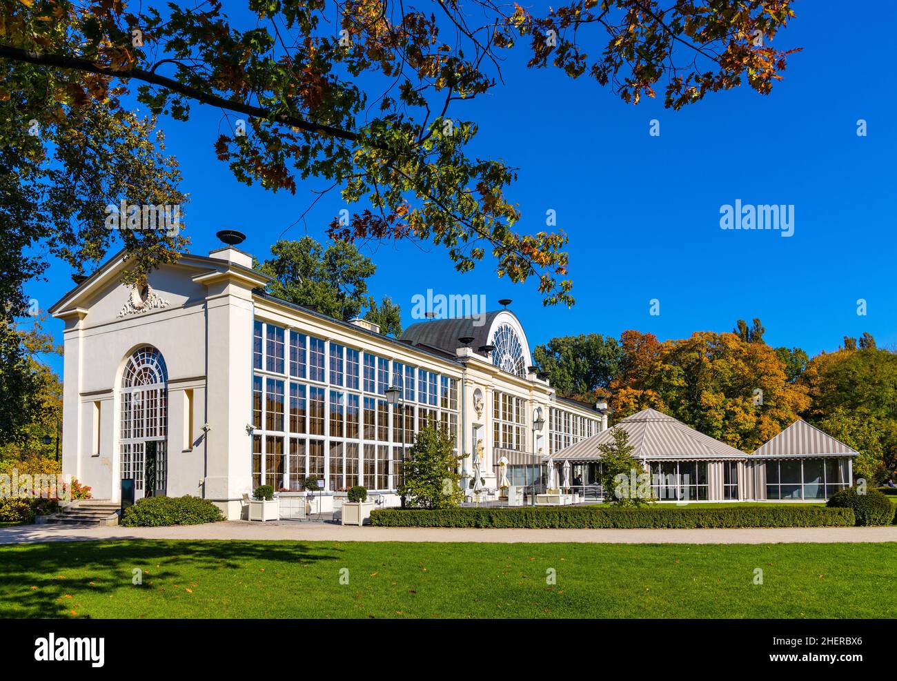 Warsaw, Poland - September 10, 2021: Historic New Orangery pavilion Nowa Pomaranczarnia in Royal Lazienki Krolewskie park in Ujazdow district Stock Photo