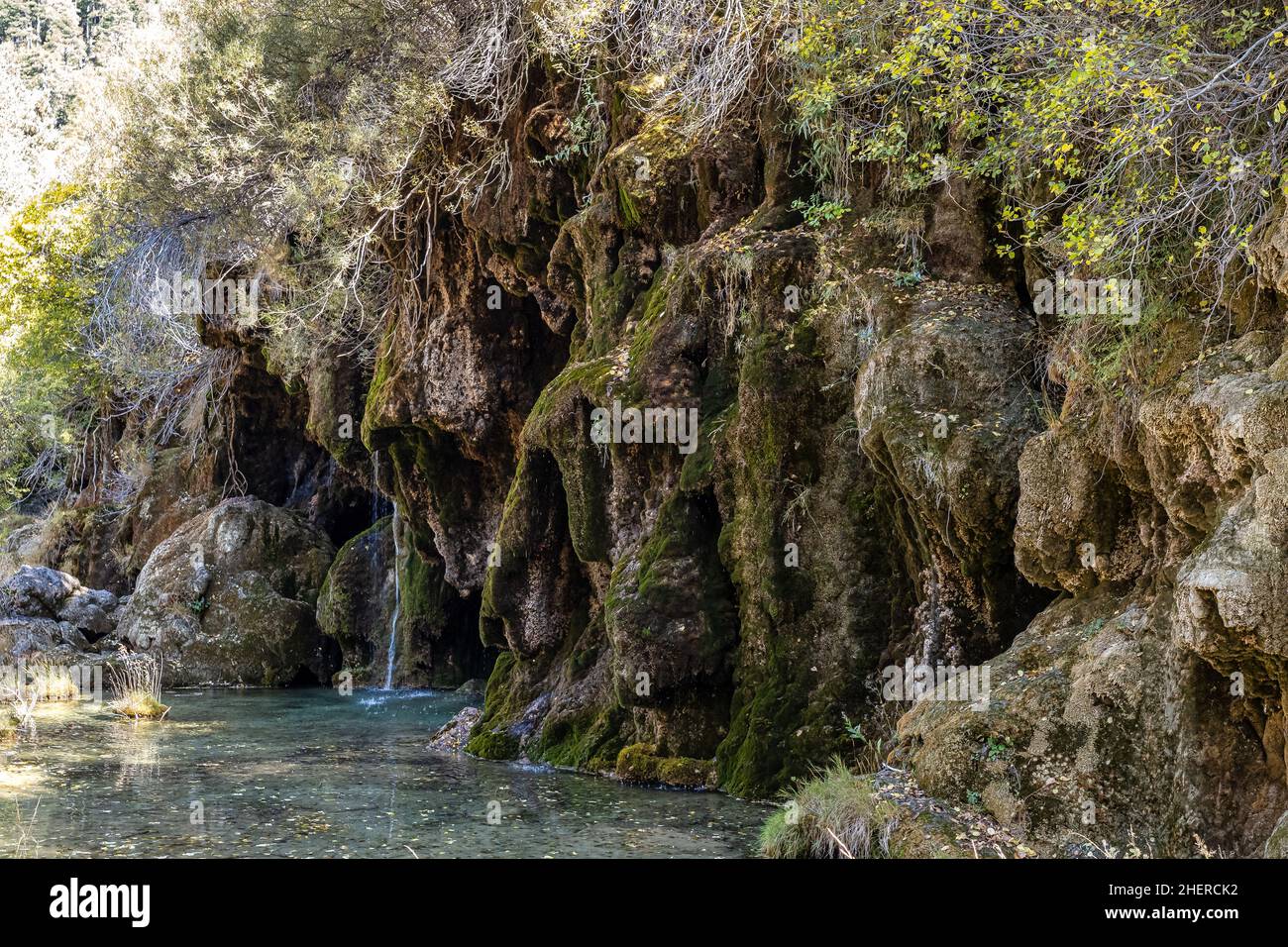 View of the source of the River Cuervo, Nacimiento del rio Cuervo, Serrania de Cuenca Natural Park, Spain Stock Photo