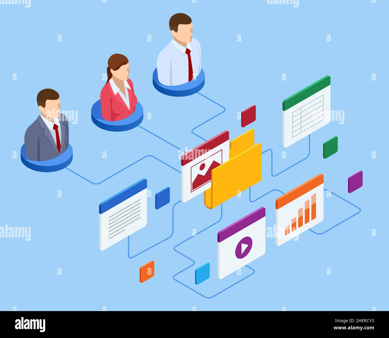 Isometric file in database, document flow management concept. Cloud