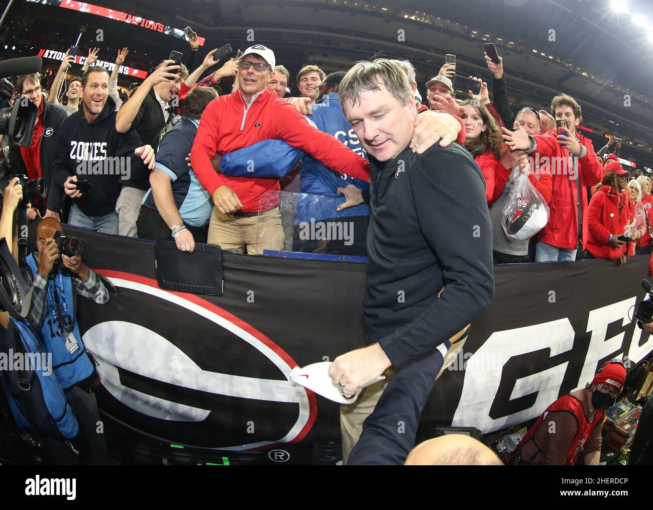 head coach Kirby Smart celebrates with fans after head coach Kirby Smart celebrates with fans after