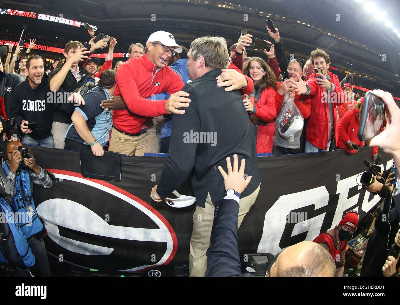 head coach Kirby Smart celebrates with fans after head coach Kirby Smart celebrates with fans after