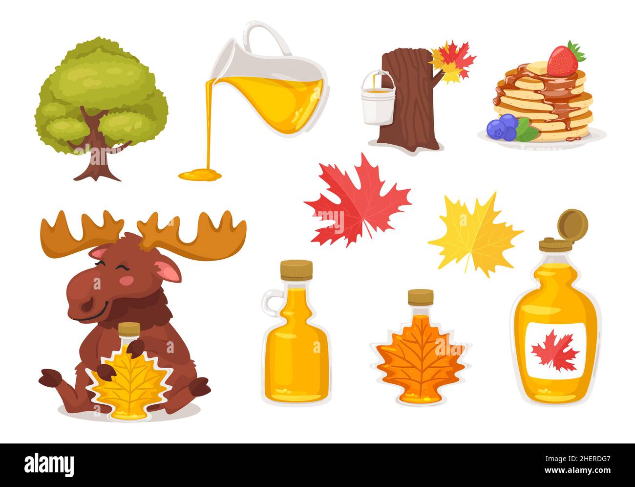 set with maple syrup, tree, and pancakes. Stock Vector