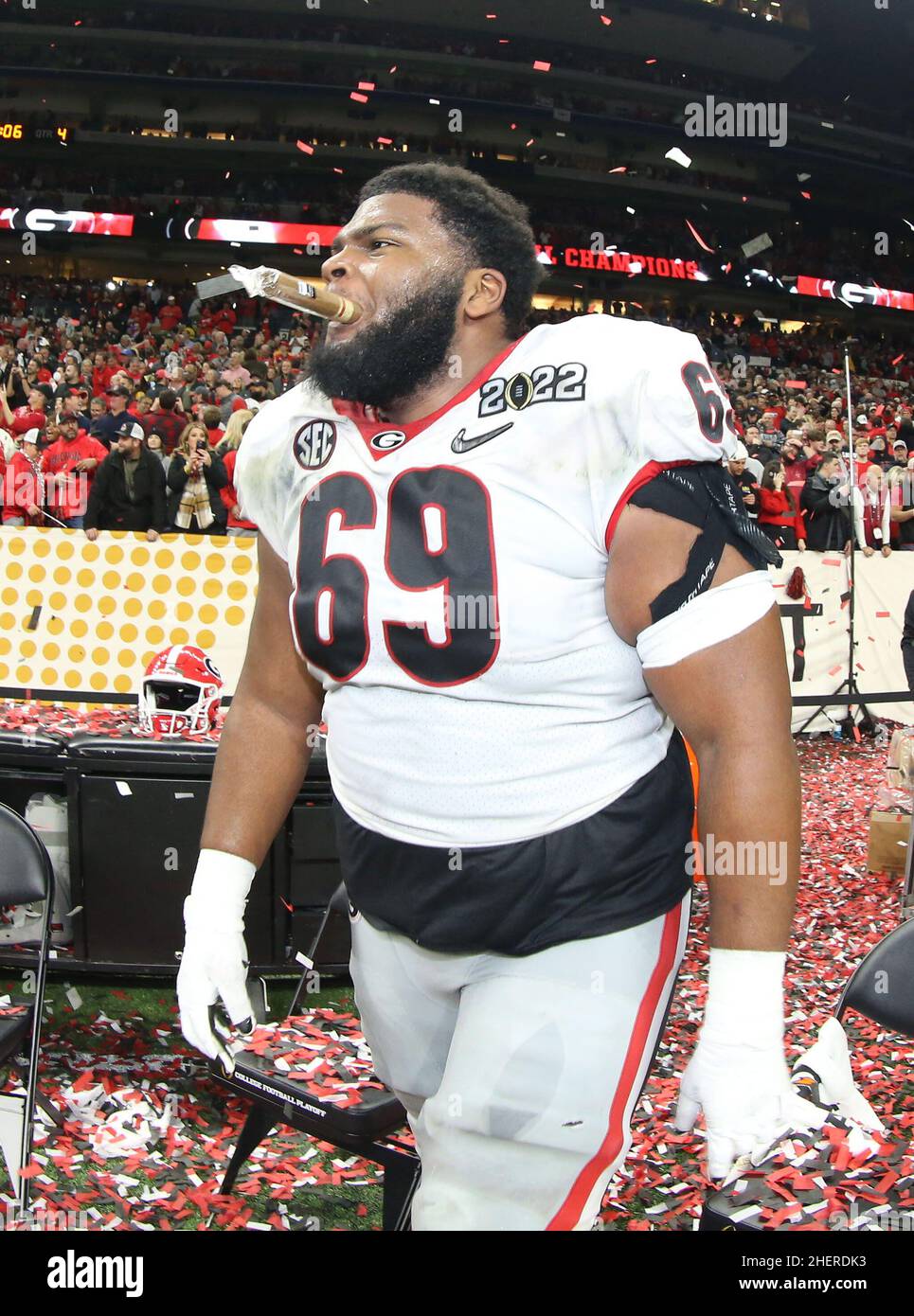 Indianapolis, United States. 10th Jan, 2022. Georgia Bulldogs offensive  lineman Jamaree Salyer (69) after winning the 2022 CFP college football  national championship game at Lucas Oil Stadium, Monday, Jan. 10, 2022, in