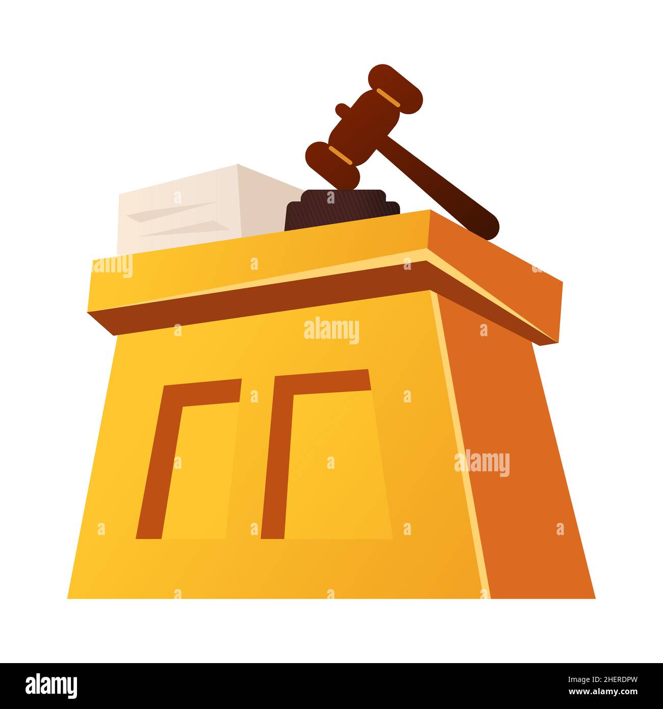 Trial tribune - modern flat design single isolated object. Neat detailed image of yellow wooden rostrum, judgment hammer and stack of papers with the Stock Vector