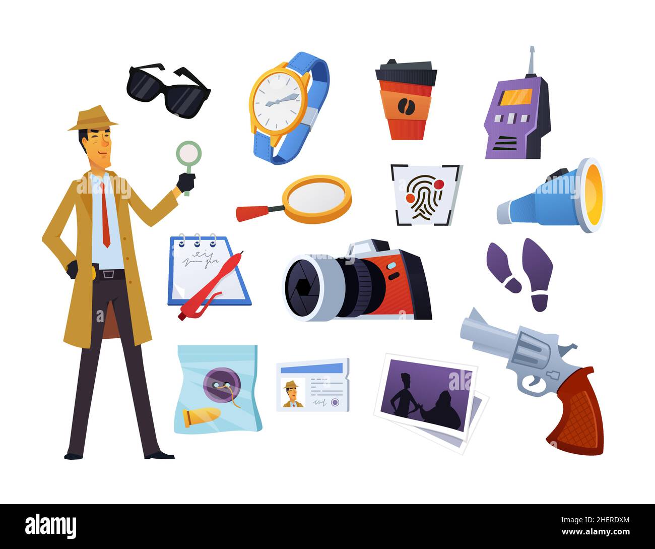 Detective investigation modern flat design style object set. Neat