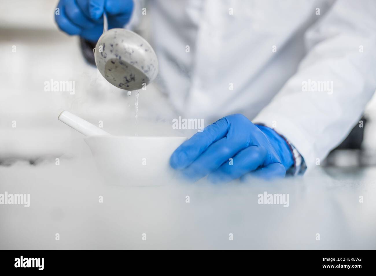 Laboratory technician performs an experiment with liquid nitrogen in