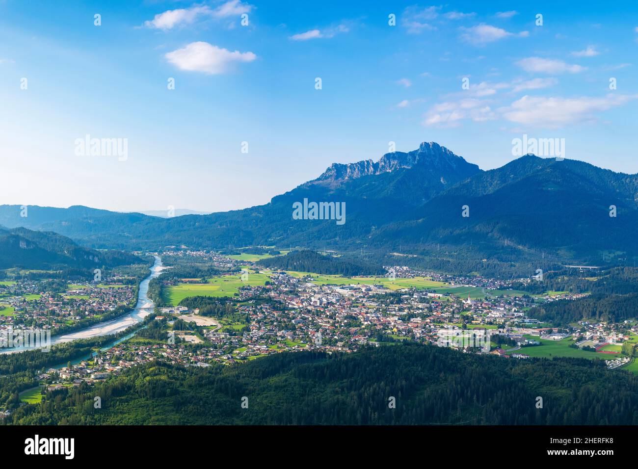 Panorama of ferienregion valley Reutte in Tirol Austria with river Lech and Mountain Saeuling Stock Photo