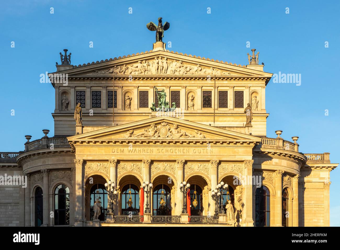 Facade of opera house „Alte Oper Frankfurt“ (old opera) with inscription „dem wahren schönen guten“, translated in English to the true beautiful good) Stock Photo