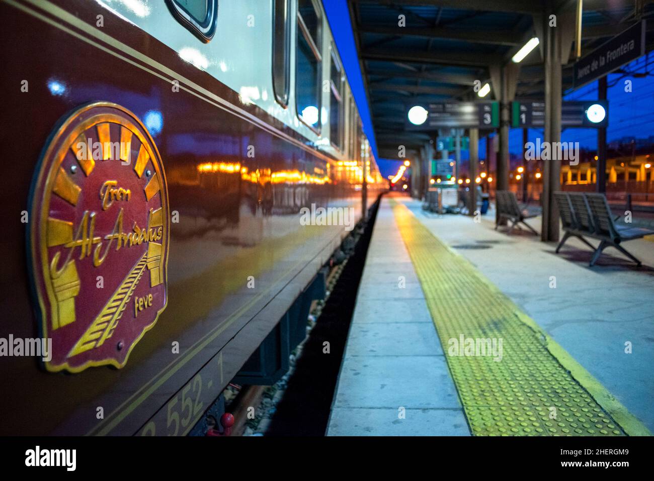 AlAndalus luxury train stoped at platform railway in Jerez ce la