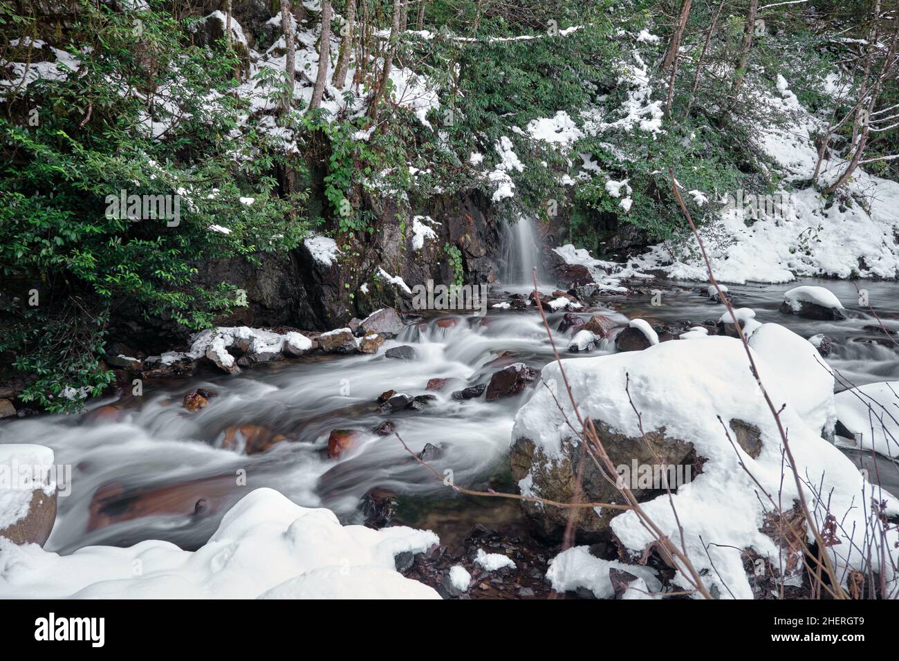 Winter and water flow at river. long exposure nature photo of snow and river of palovit waterfall local name is palovit selalesi Stock Photo