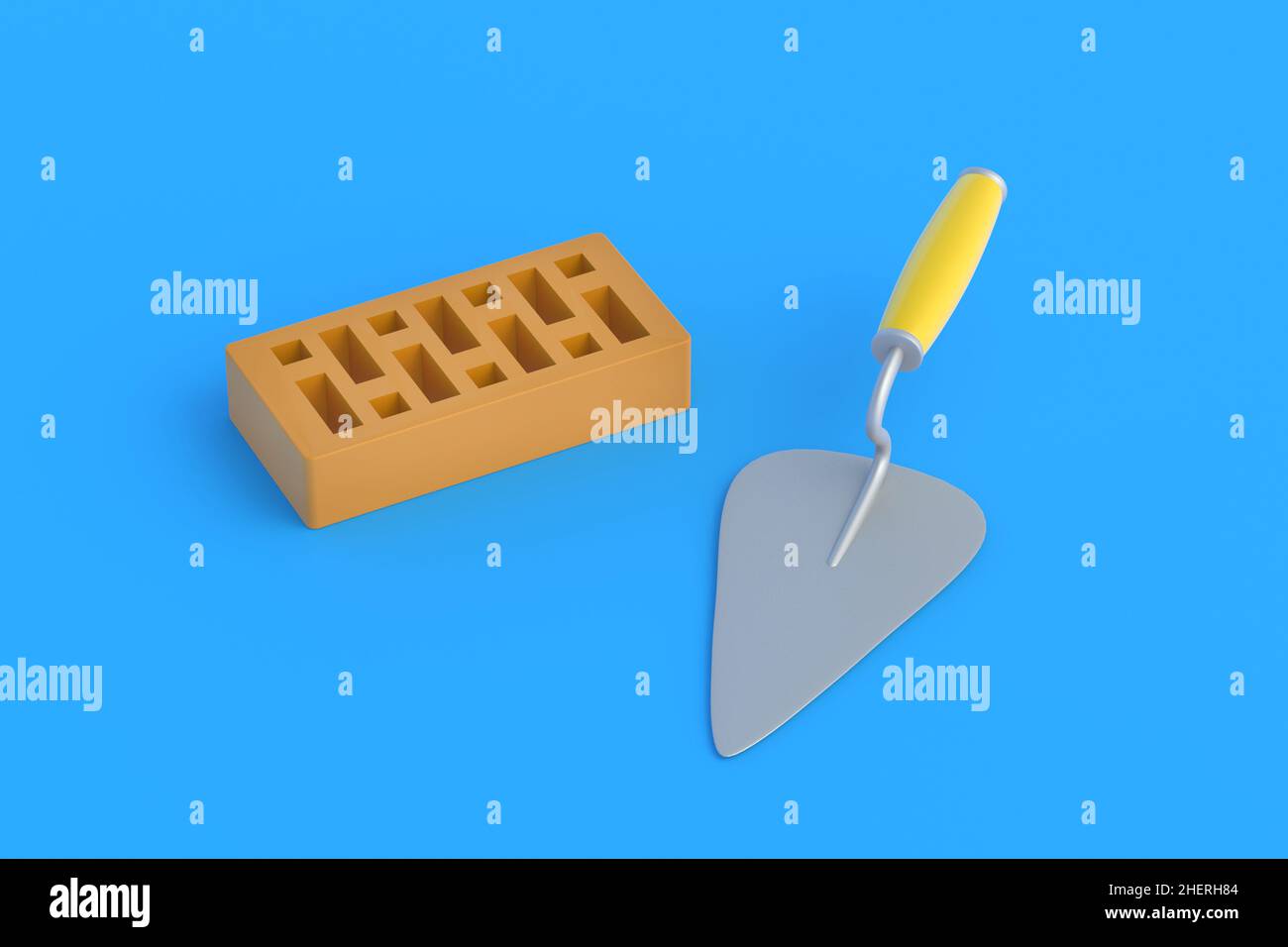 Perforated clay brick near trowel on blue background. Home repairs