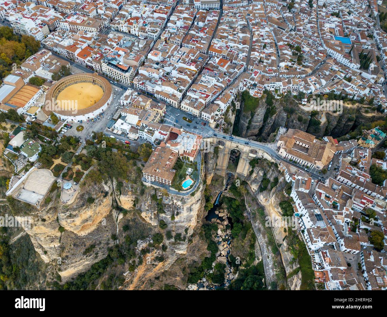 Aerial view of white houses from Puente Nuevo bullring and El Tajo Gorge, Ronda, Andalucia, Spain Stock Photo