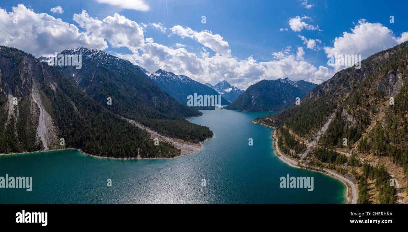 aerial view to blue lake plansee at spring with austrian mountain slps ...