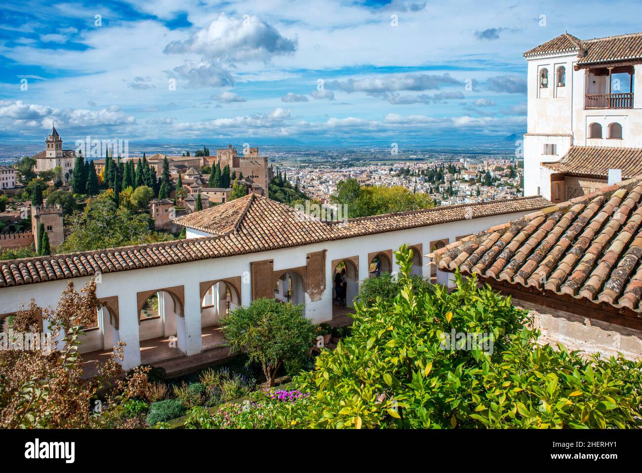 Patio of the Irrigation Ditch or Patio de la Acequia in Generalife Alhambra Palace Granada Andalusia Spain.  It occupied the slopes of the Hill of the Stock Photo