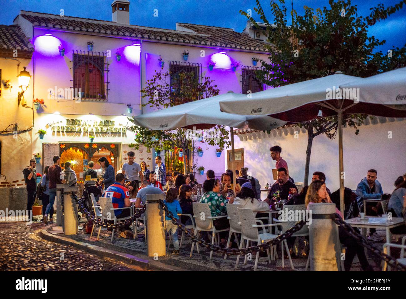 Evening restaurants in the Mirador de San Nicolas, Albaicin area, Sacromonte Granada, Andalucia, Spain, Europe Stock Photo