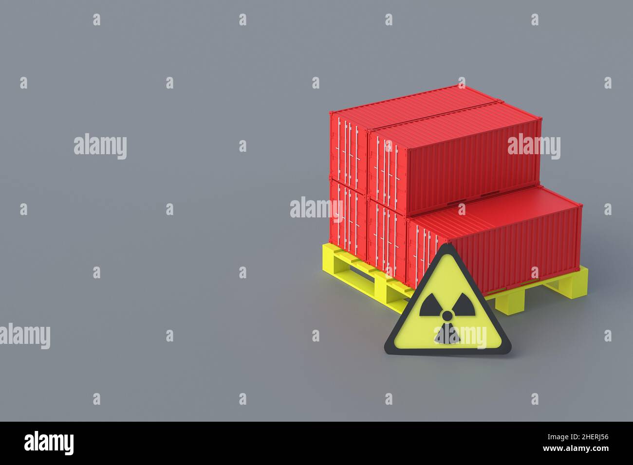 Freight container on pallet near sign of radiation. The concept of disposal of radioactive waste