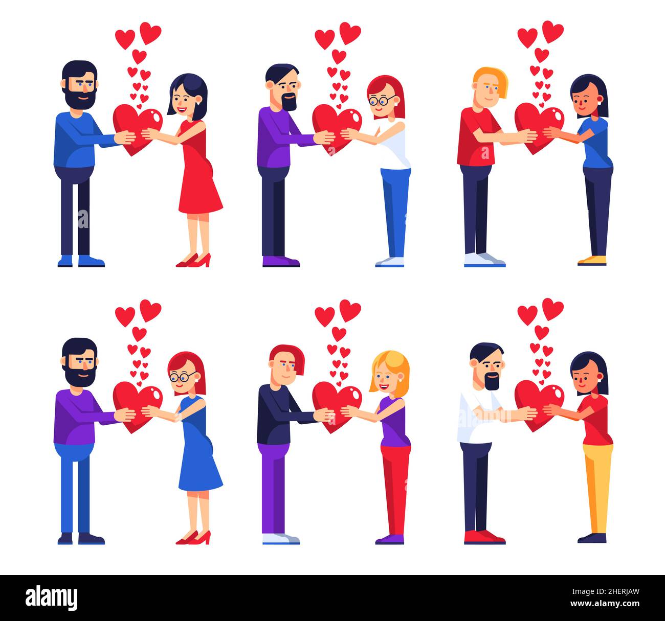 Couples in love give each other hearts Stock Vector