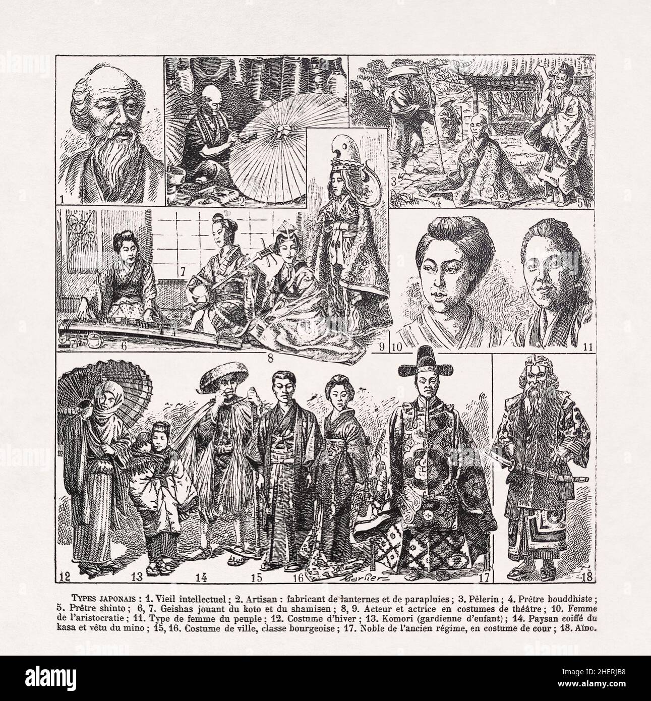 Illustration printed in a late 19th century French dictionary depicting some Japanese people in their costumes. Stock Photo