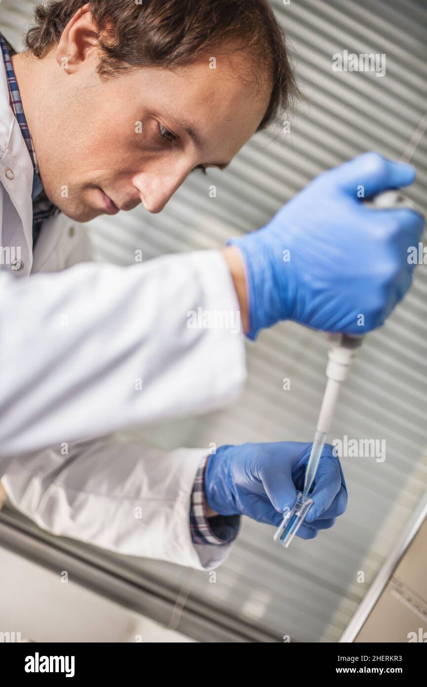 Male scientist in the medical laboratory filling test tubes with ...