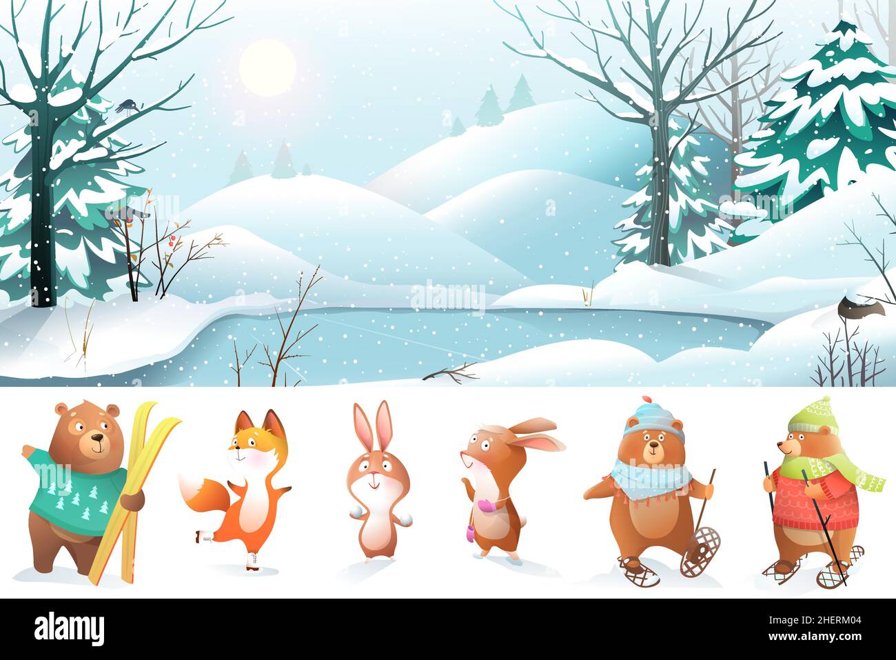 Christmas nature background, animals clipart set. Stock Vector