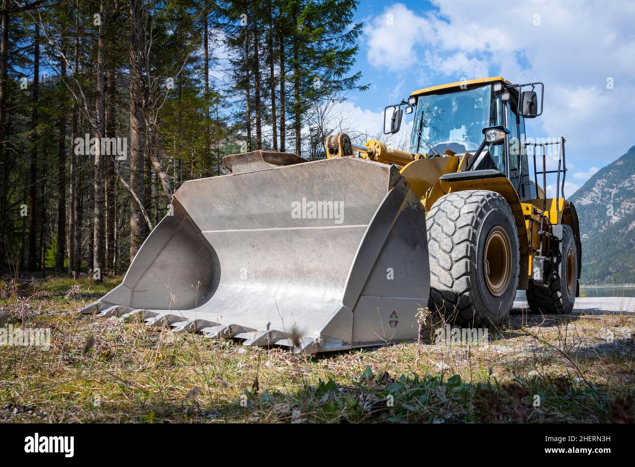 near perspective view to huge wheel loader with big shovel at forest Stock Photo